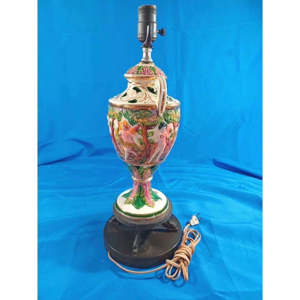 Vintage Capodimonte Amphora Vase Gilt Putti  Cherub Angels Garden of Eden Lamp - Picture 8 of 10